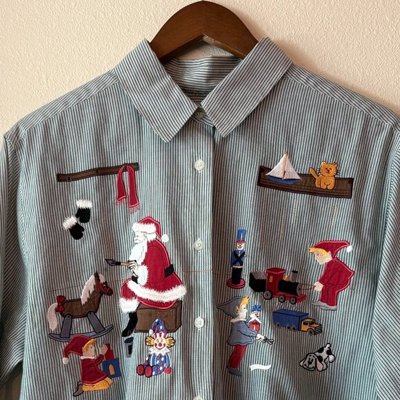 Karen Scott Tops - Karen Scott Ugly Christmas Shirt Santa's Workshop Orange Cat Dog Toy Elves Sz XL